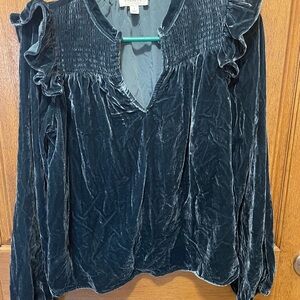 Evereve Velvet Blouse with Ruffle Detail - Dark Teal